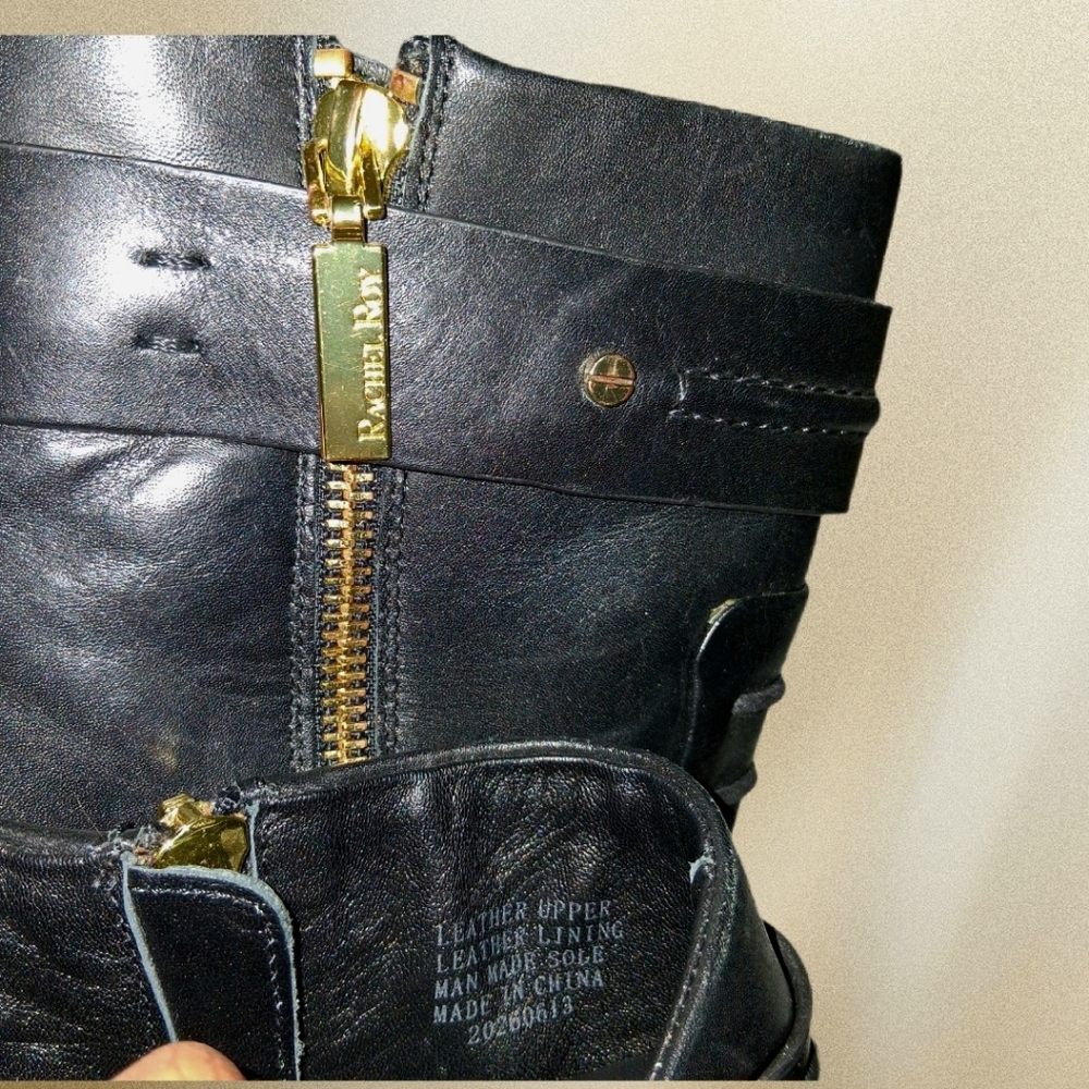 RACHEL Rachel Roy Black Leather Wedge Heel Boot Gold Accents Buckles Size 7 - Picture 8 of 14
